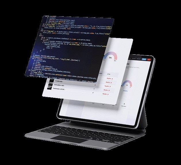 AmplifyME product illustration showing programming and simulation interfaces on a tablet
