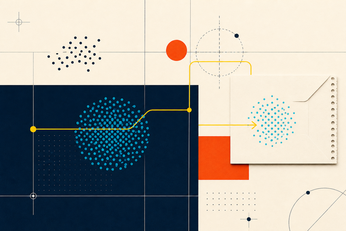 Abstract Swiss-style composition showing audience clusters traveling between digital and paper channels