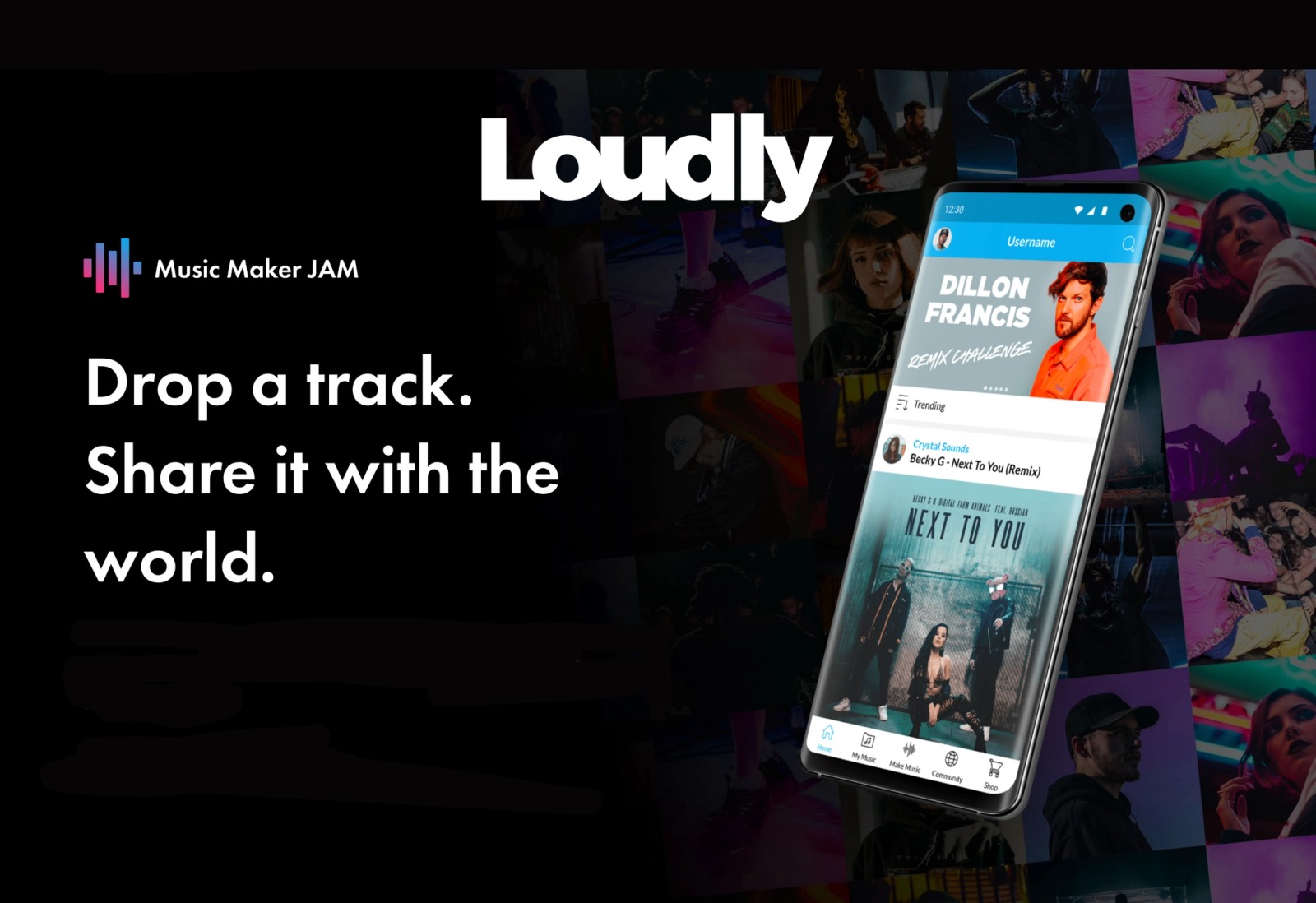 Loudly and Music Maker JAM promotional artwork showing the music app on a phone