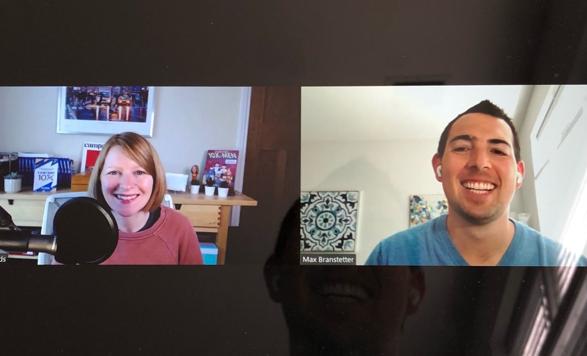 Amy Woods at her microphone, speaking remotely with podcast host Max Branstetter