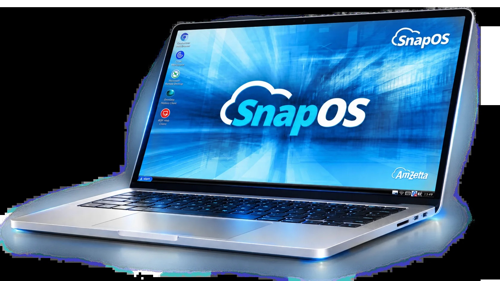 AmZetta product illustration of a laptop displaying the SnapOS desktop