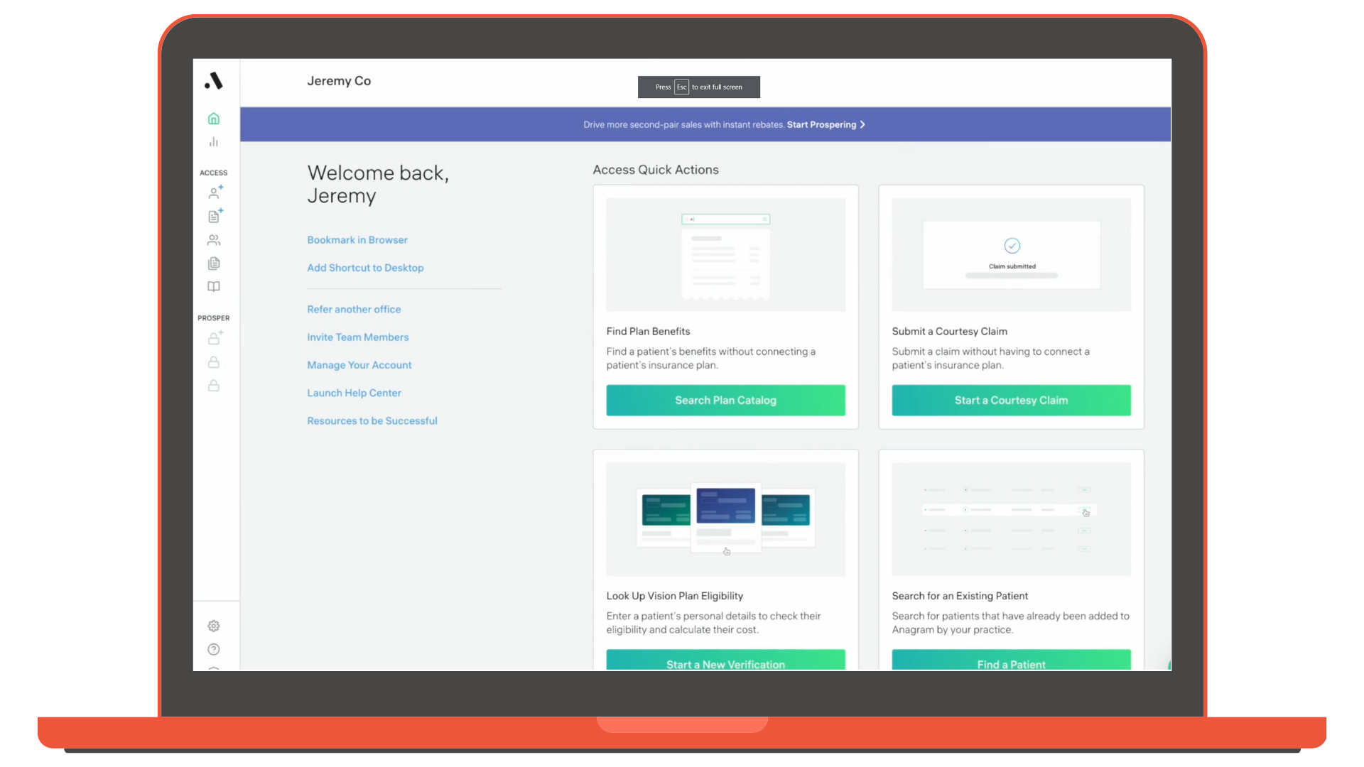 Anagram Access dashboard showing plan benefits, courtesy claims, eligibility and patient search actions