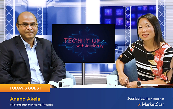 Anand Akela seated with interviewer Jessica Ly during a MarketStar interview about software test automation