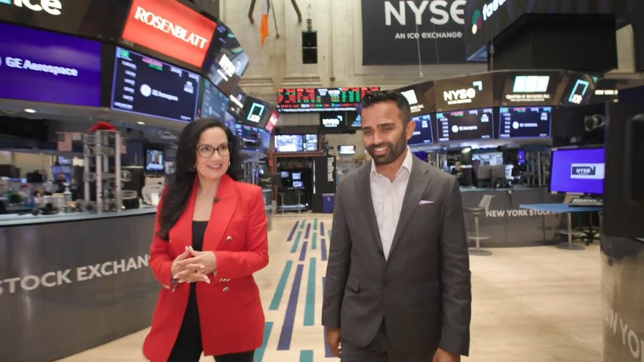 Anand Parikh speaking with Judy Khan Shaw during a New York Stock Exchange Floor Talk interview