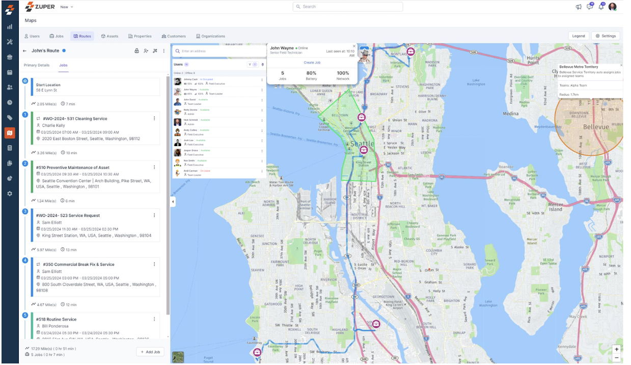Zuper product screenshot showing a technician route and scheduled jobs on a Seattle map
