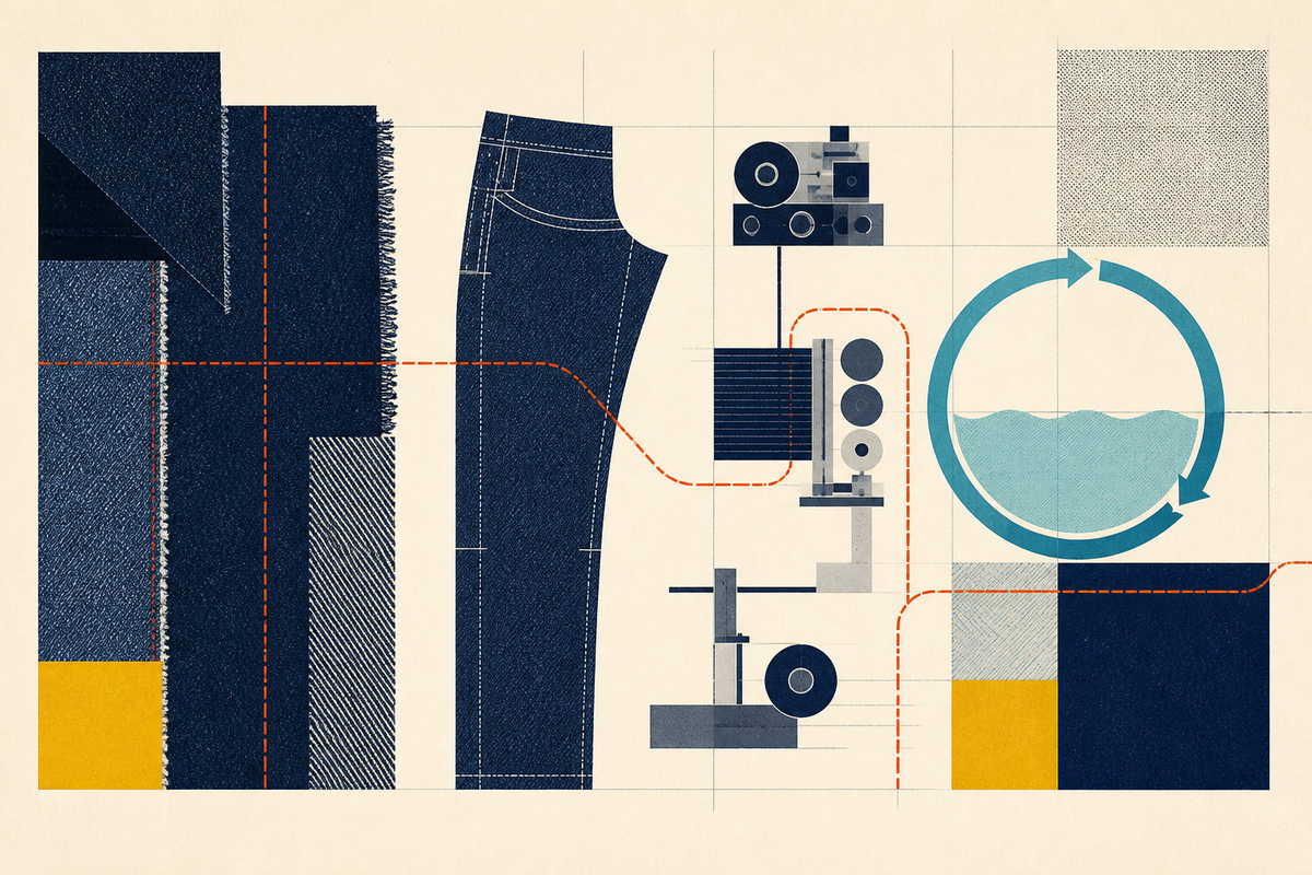 Abstract Swiss-style illustration of denim panels, garment machinery and a circular water system
