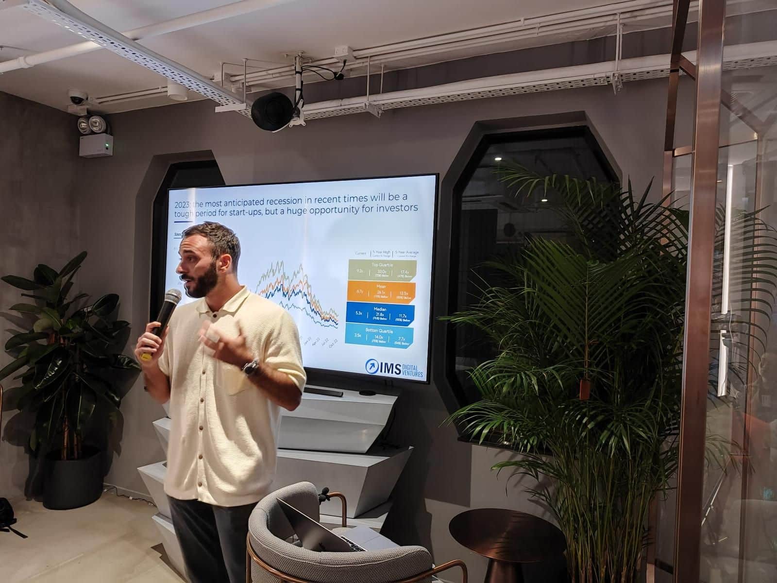 Anastasios Papadopoulos speaking into a microphone at CLUB DAO beside a presentation about start-ups and investing in 2023