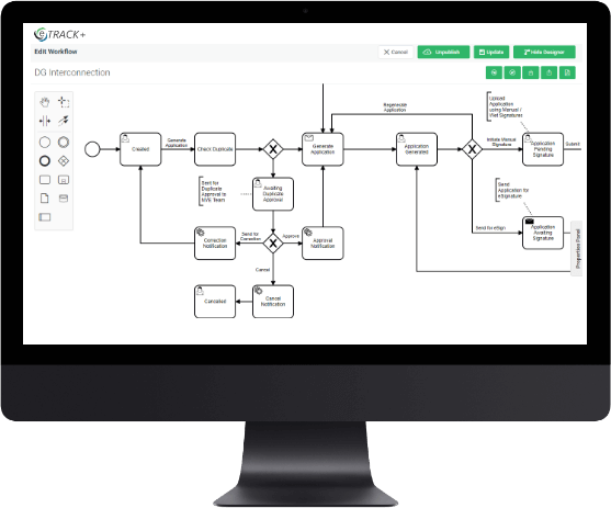 ANB’s published eTRACK+ product illustration showing its workflow design interface