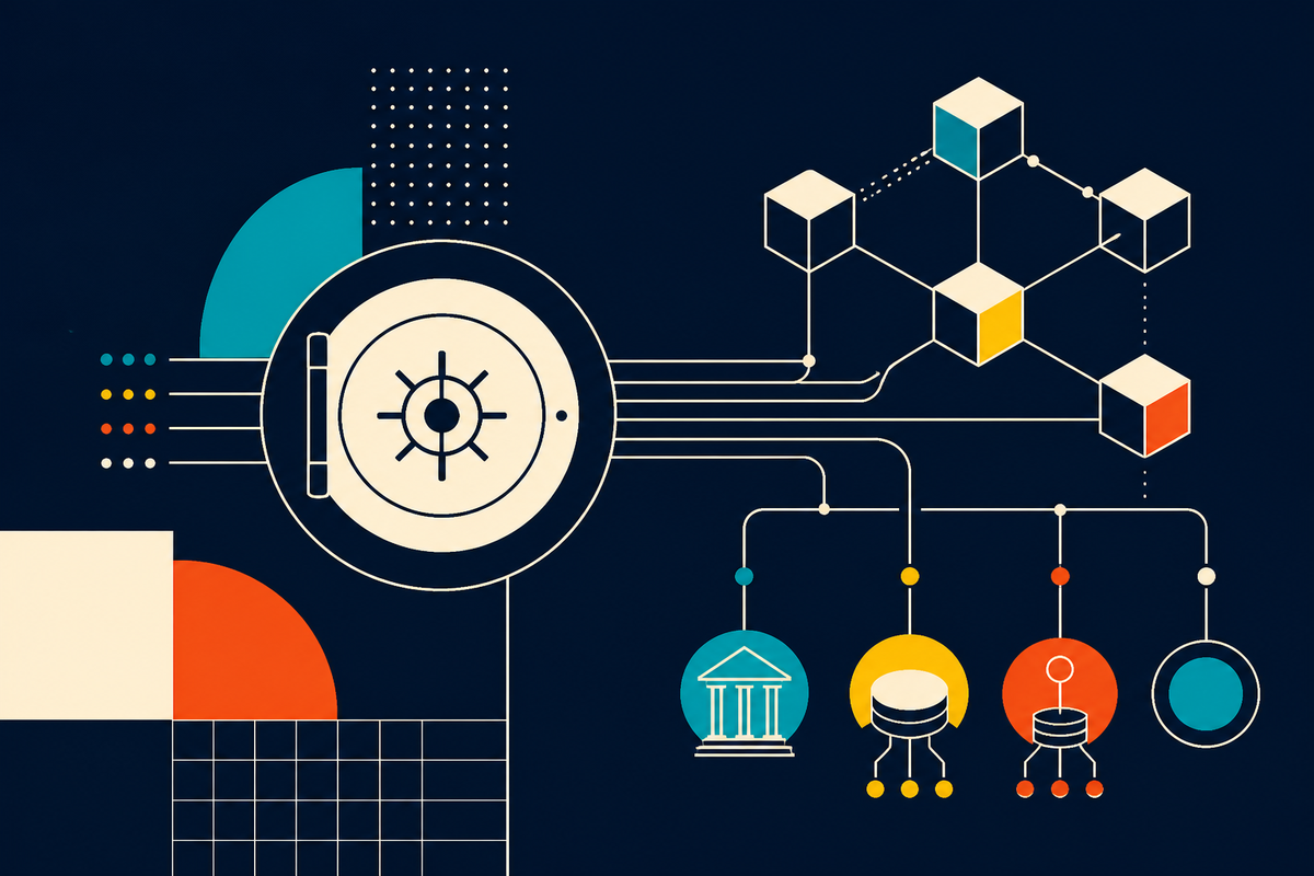 Abstract Swiss-style illustration of a secure vault connected to regulated financial and blockchain rails