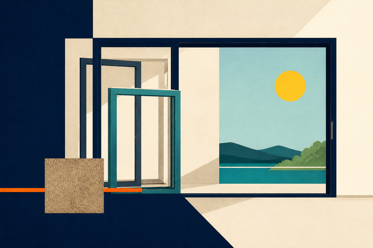 Abstract geometric window frames open toward a teal landscape and yellow sun