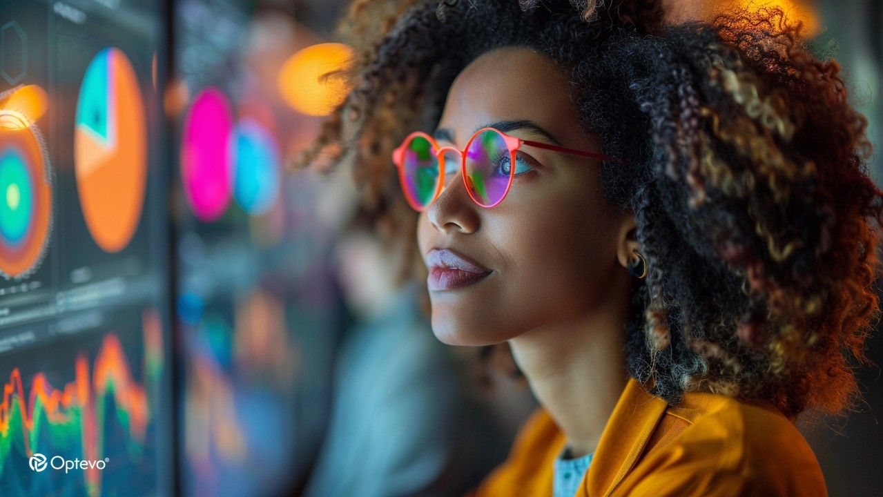 Colorful digital dashboards reflected in the glasses of a woman looking at a screen