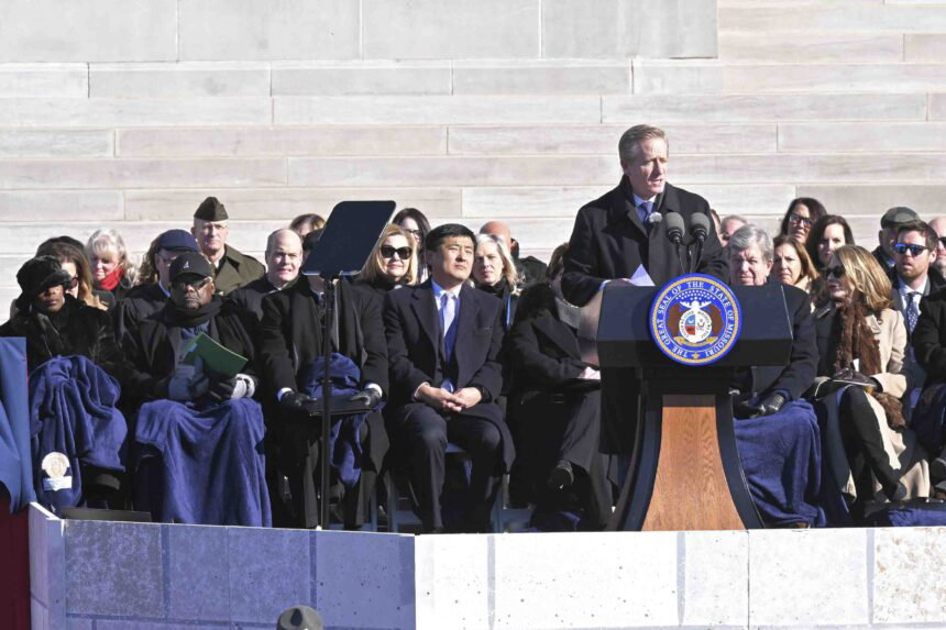 Andy Blunt speaking at the podium during Mike Kehoe’s inauguration outside the Missouri Capitol