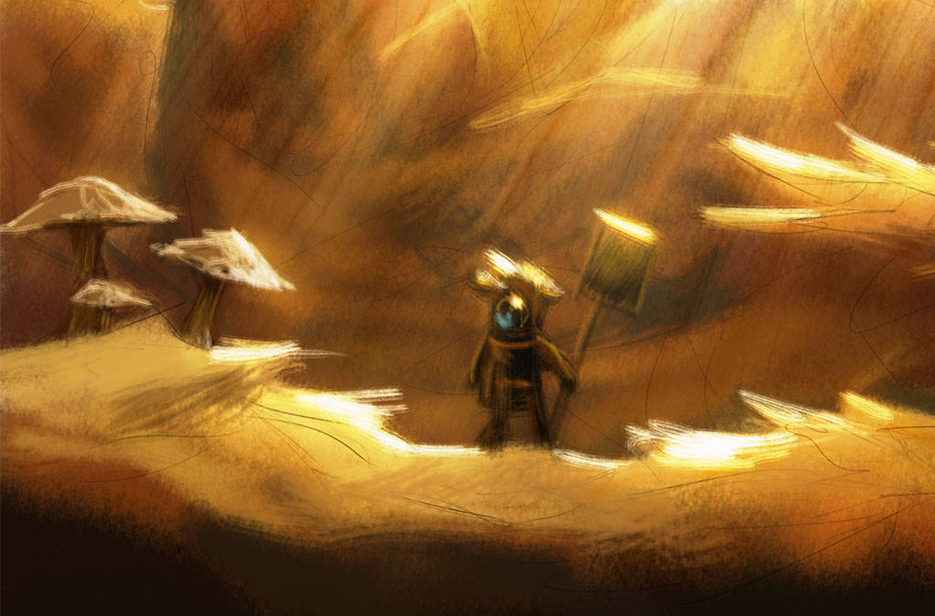 Golden-toned Steel Wool concept artwork showing a small character beneath towering leaves and mushrooms