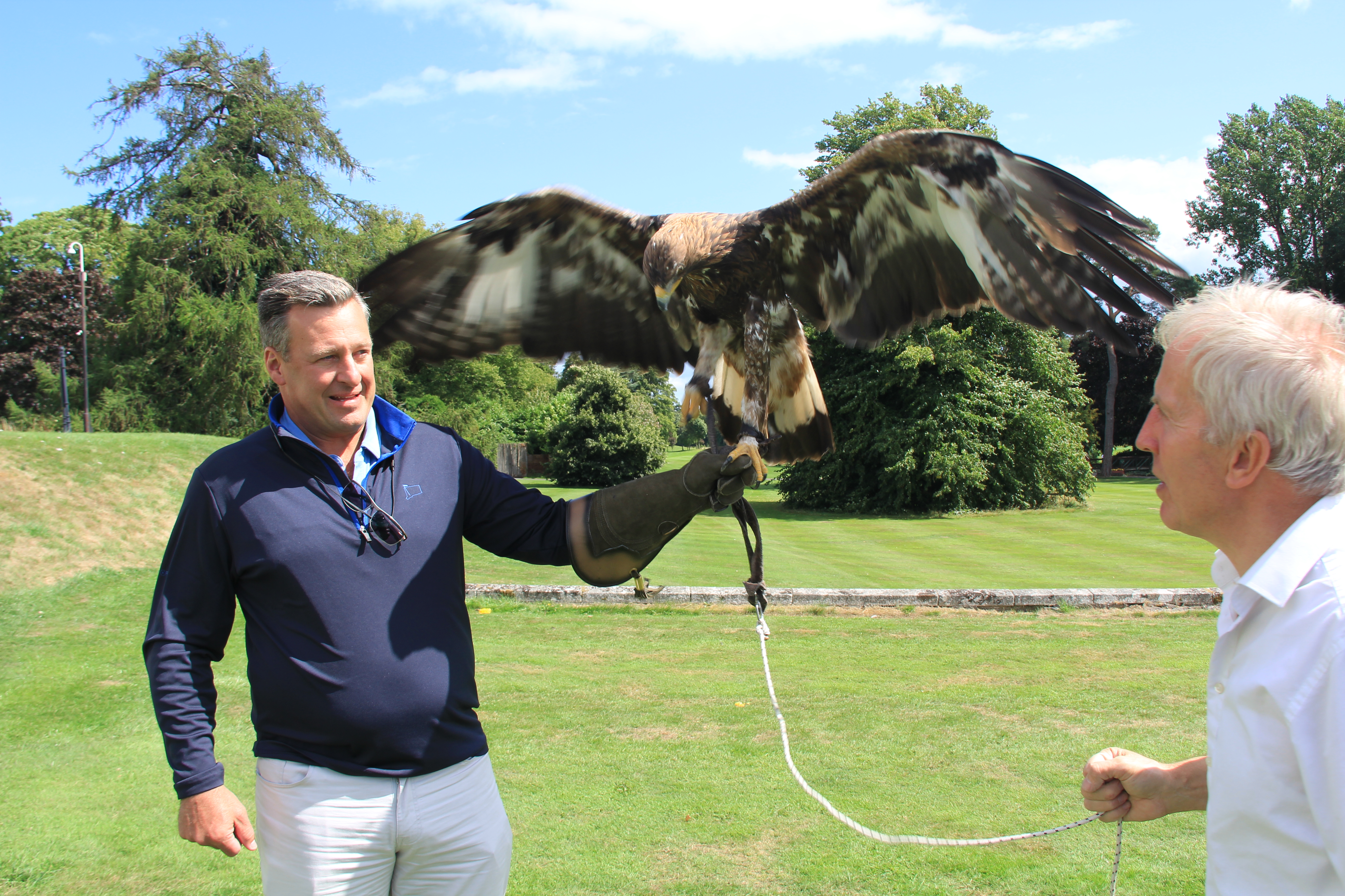 Andrew McMahon participating in falconry outdoors in Ireland, with a bird spreading its wings above his gloved hand.