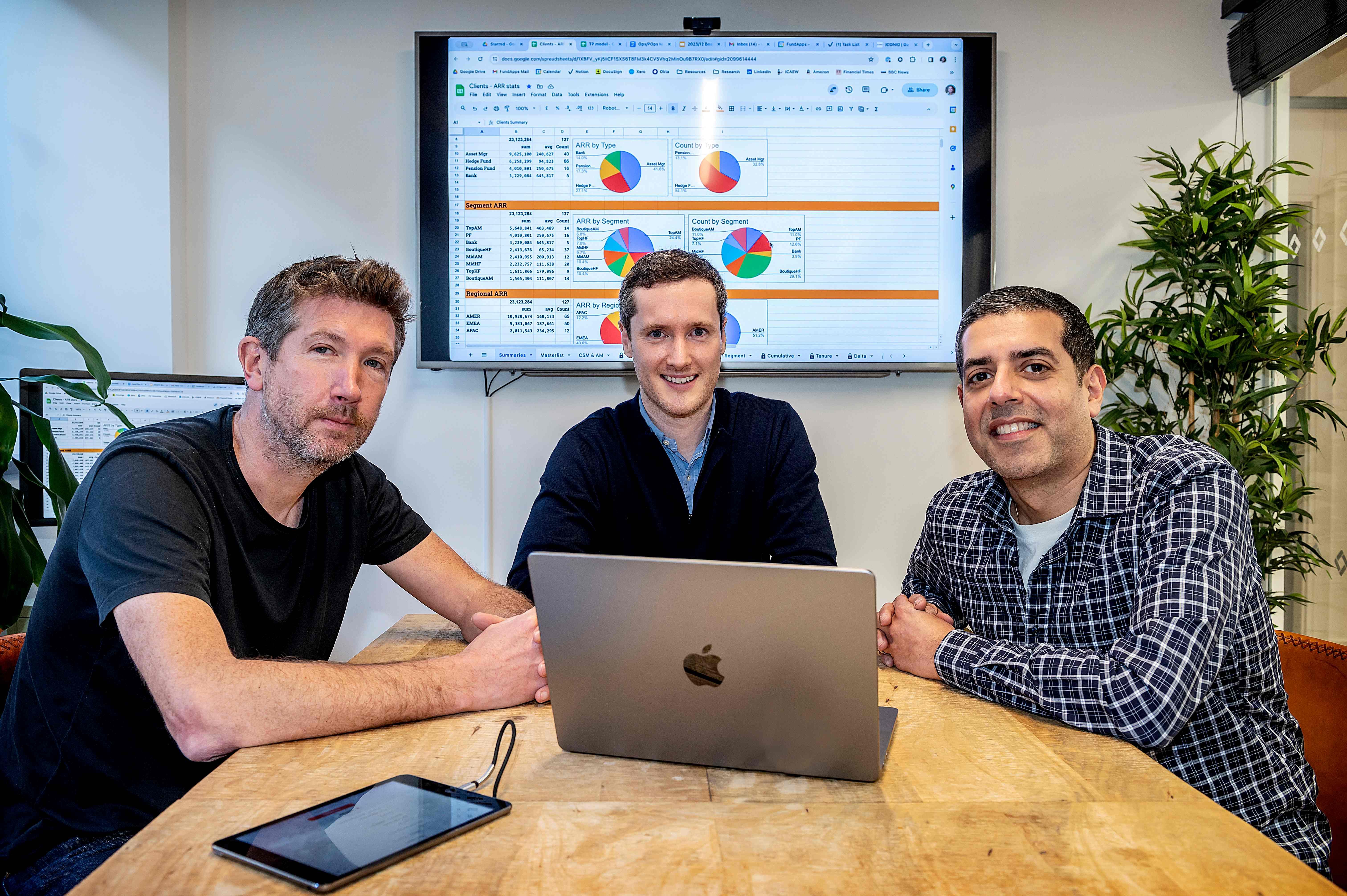 Andrew White, left, seated with two colleagues around a laptop, with financial charts on an office screen.