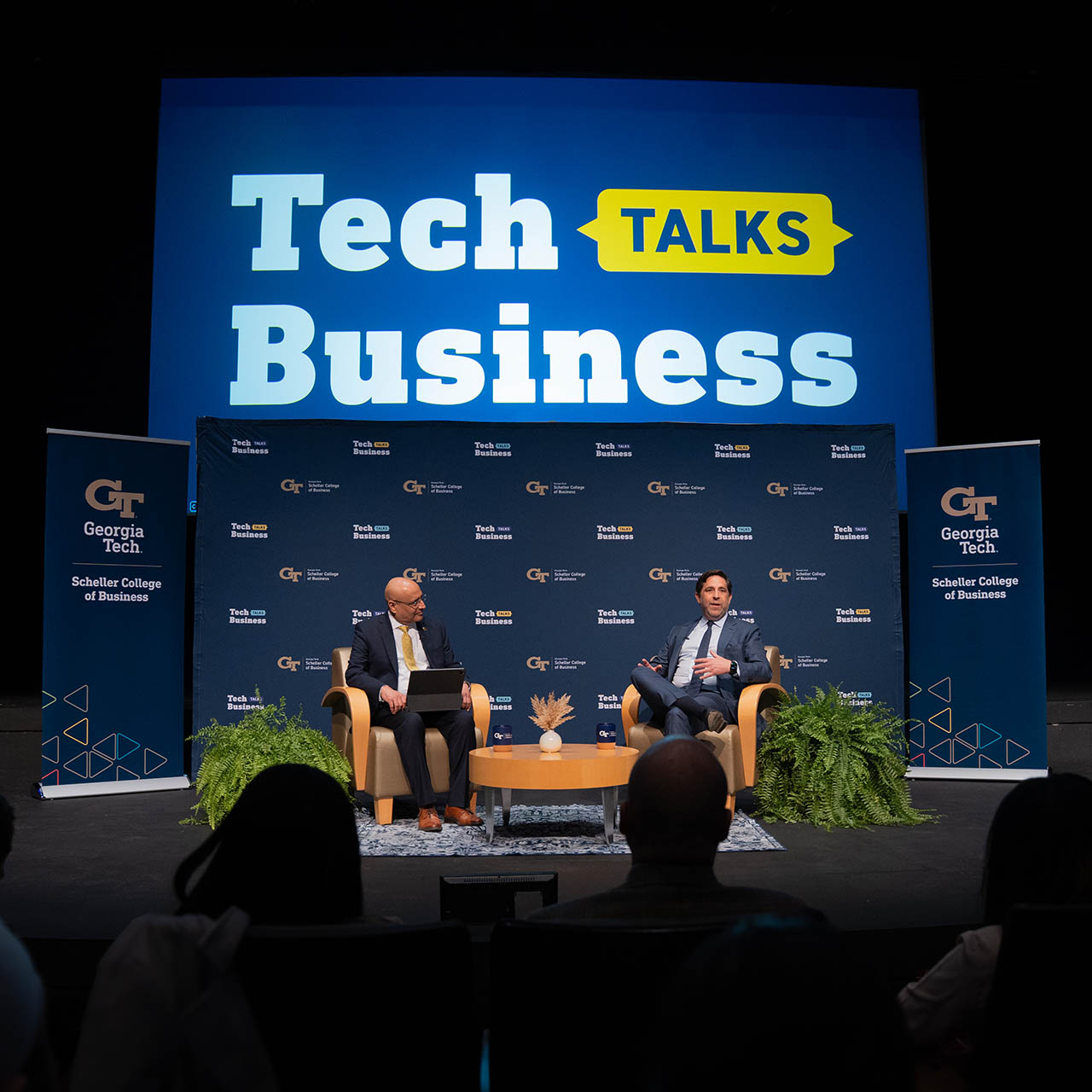 Andrew Schlossberg, right, speaking with Dean Anuj Mehrotra on the Tech Talks Business stage at Georgia Tech