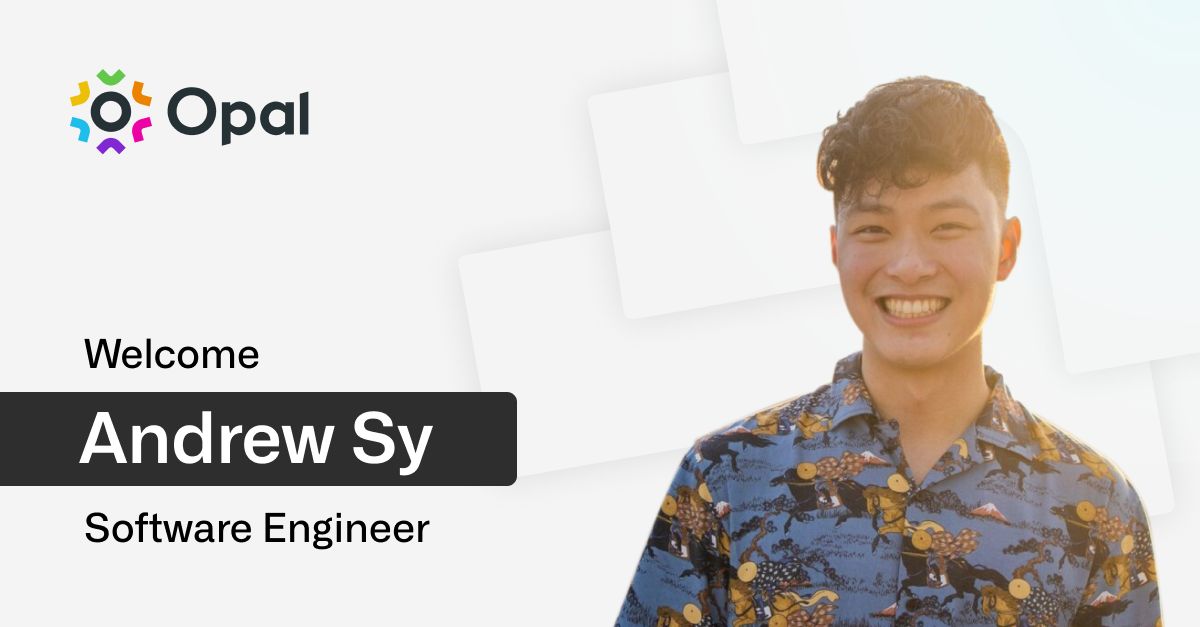 Andrew Sy smiling in a patterned blue shirt in an Opal welcome graphic