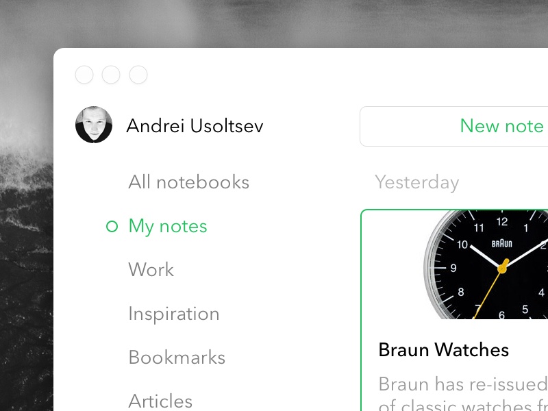 Detail of Andrey Usoltsev’s Evernote for Mac interface concept, with notebook navigation and a note preview