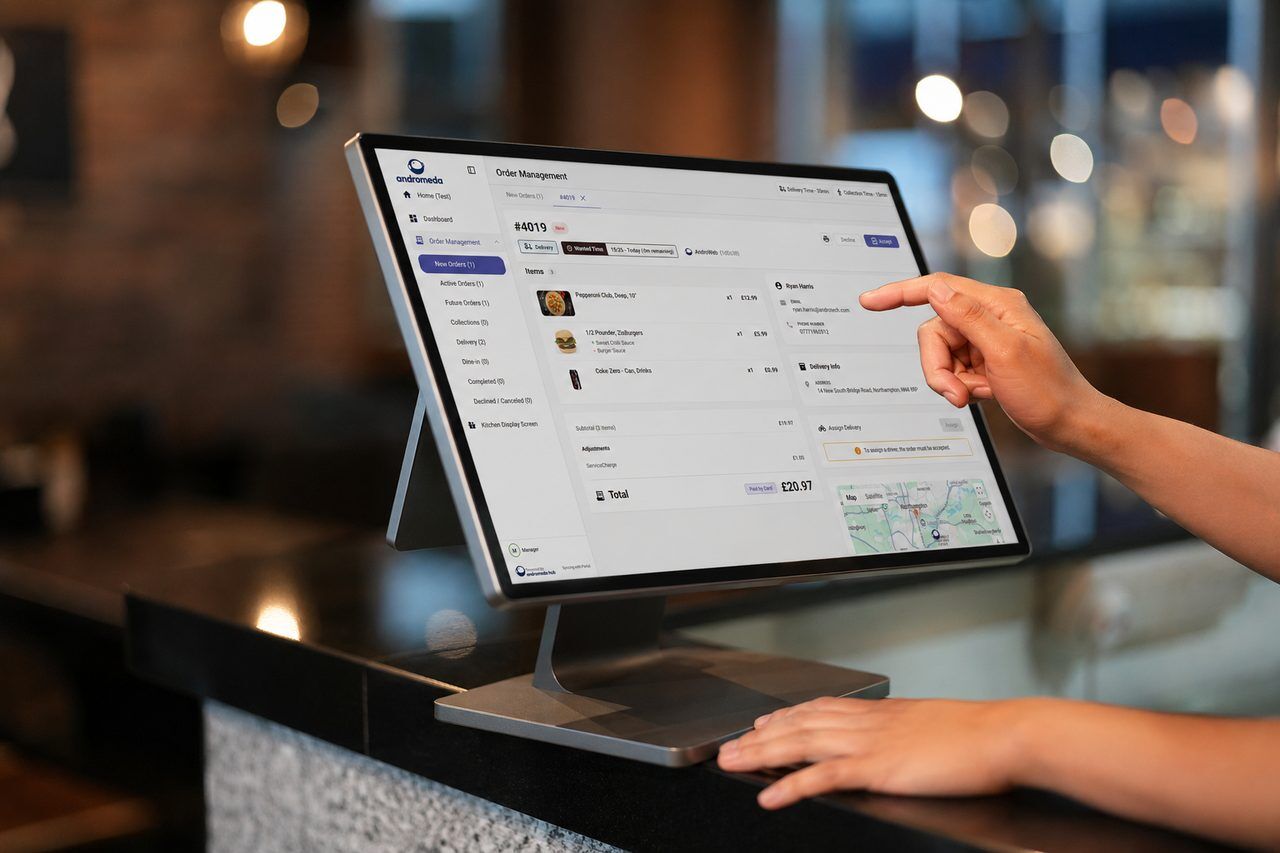 Andromeda order-management software displayed on a restaurant touchscreen