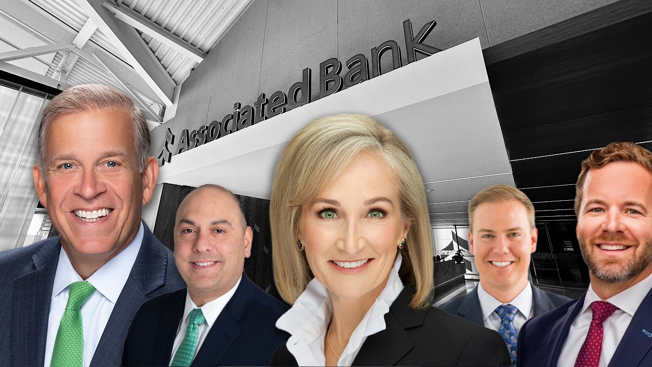 Editorial composite of Andy Harmening, Steven Zandpour, Jayne Hladio, Phillip Trier and Neal Riegelman against an Associated Bank interior.