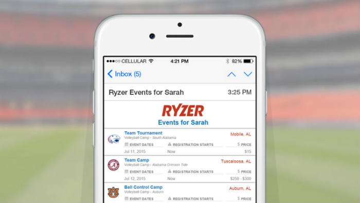 A 2015 Ryzer event alert displayed on a smartphone