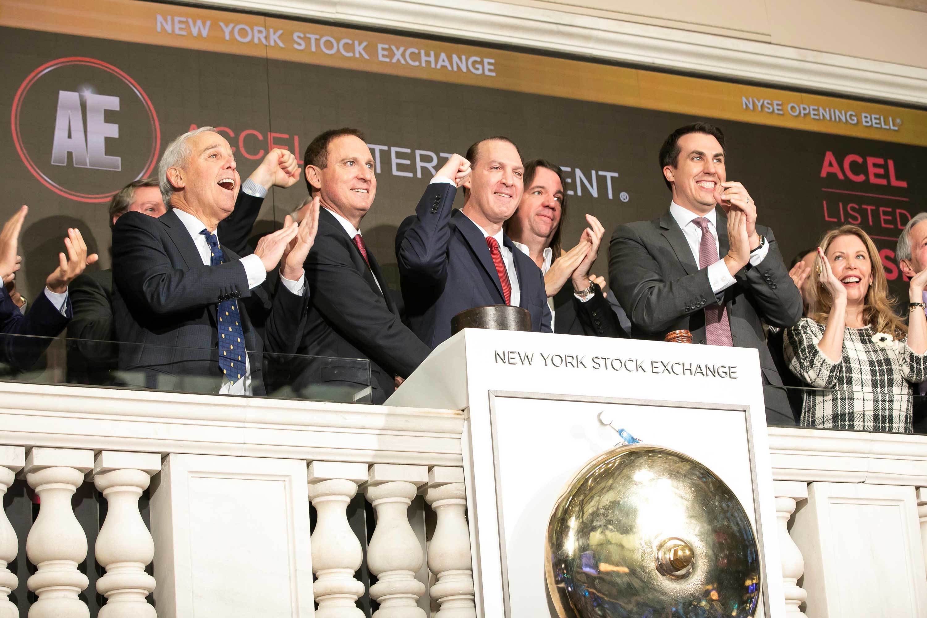 Andy Rubenstein and Accel colleagues celebrating at the New York Stock Exchange opening bell in November 2019