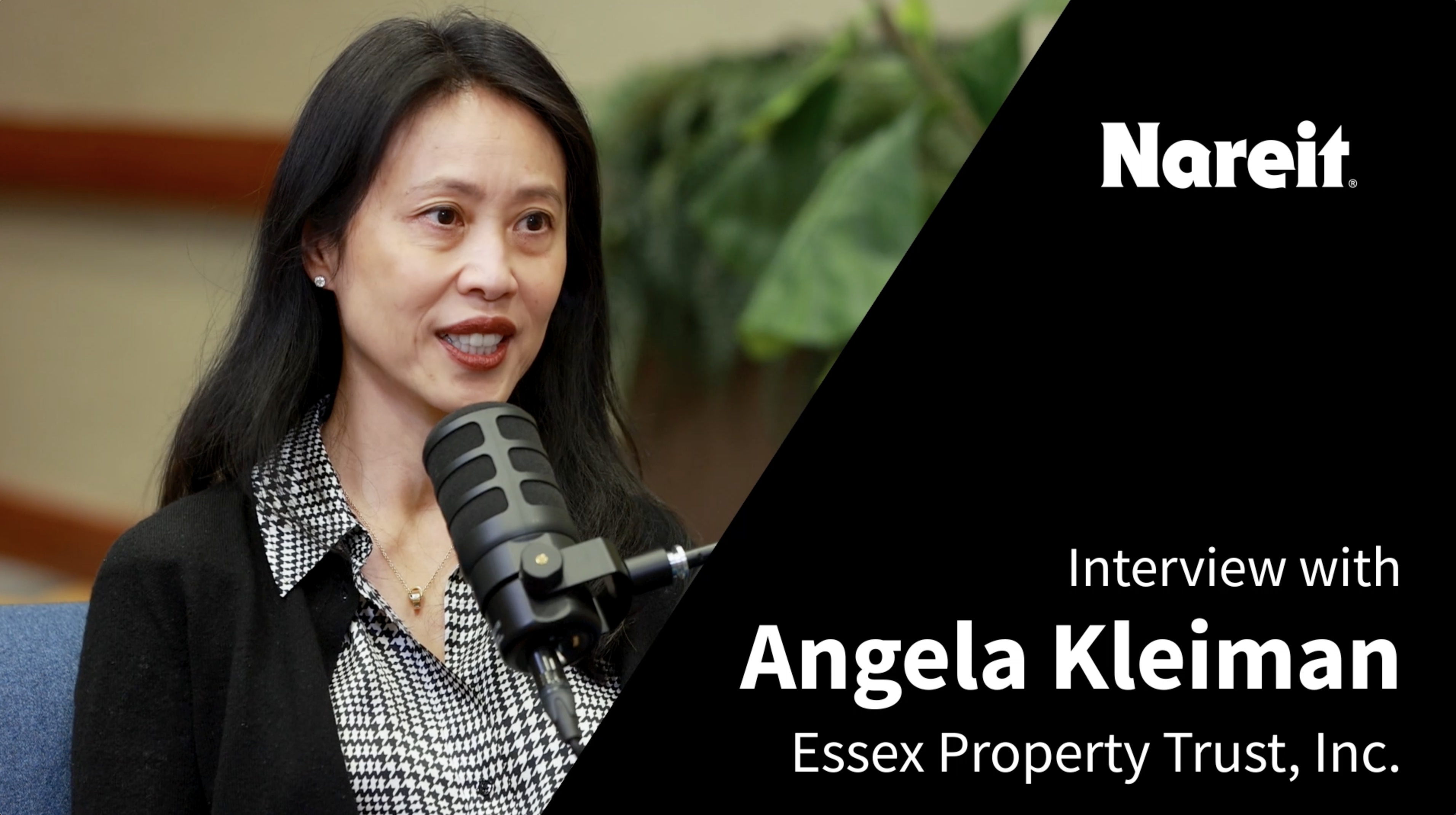 Angela Kleiman speaking into a microphone in a Nareit interview graphic