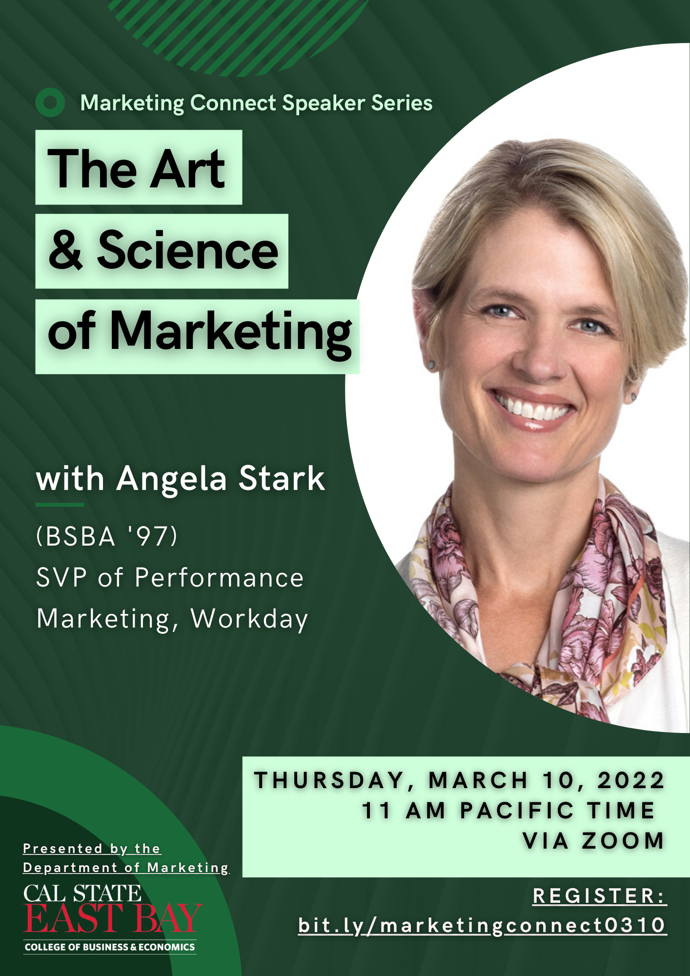 Cal State East Bay poster for Angela Stark's Art and Science of Marketing talk