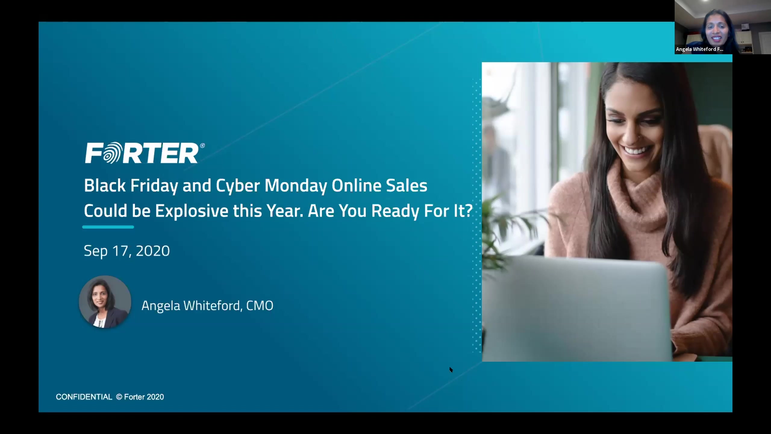 Angela Whiteford presenting a Forter webinar about balancing customer experience, revenue, and fraud risk in 2020