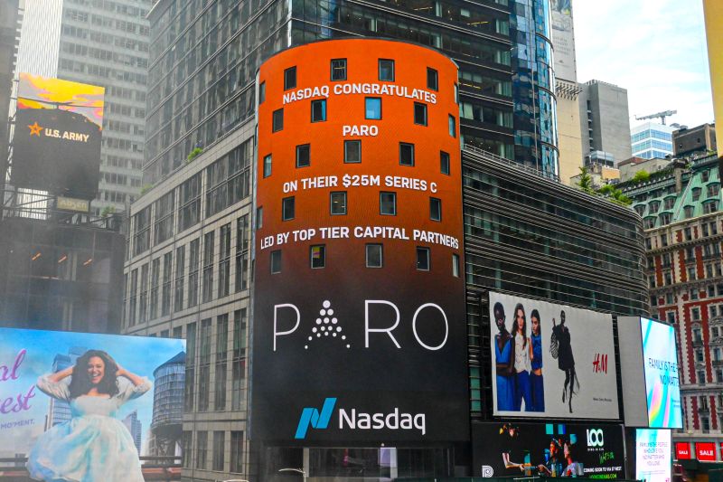 Paro's 25 million dollar Series C announcement displayed on Nasdaq's Times Square tower