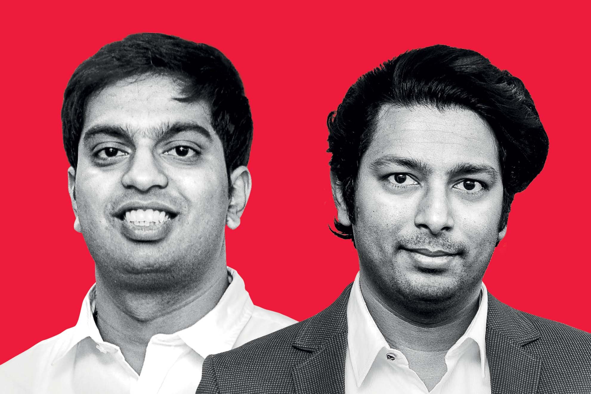 Press photograph of Bobble AI brothers Ankit and Rahul Prasad against a red background
