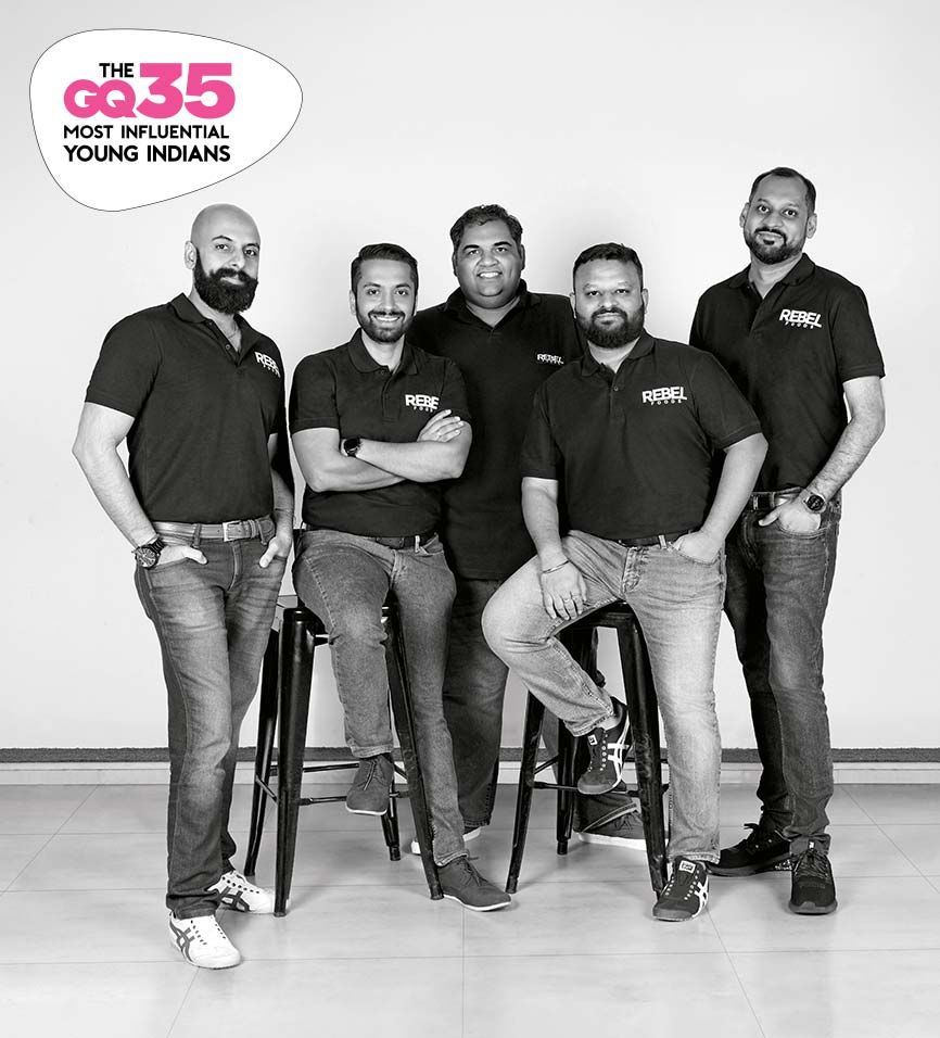 Ankush Grover, at the centre, with four fellow Rebel Foods co-founders in a black-and-white group photograph