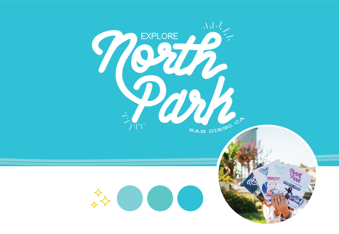 Explore North Park branding in turquoise and white, with examples of neighborhood publications