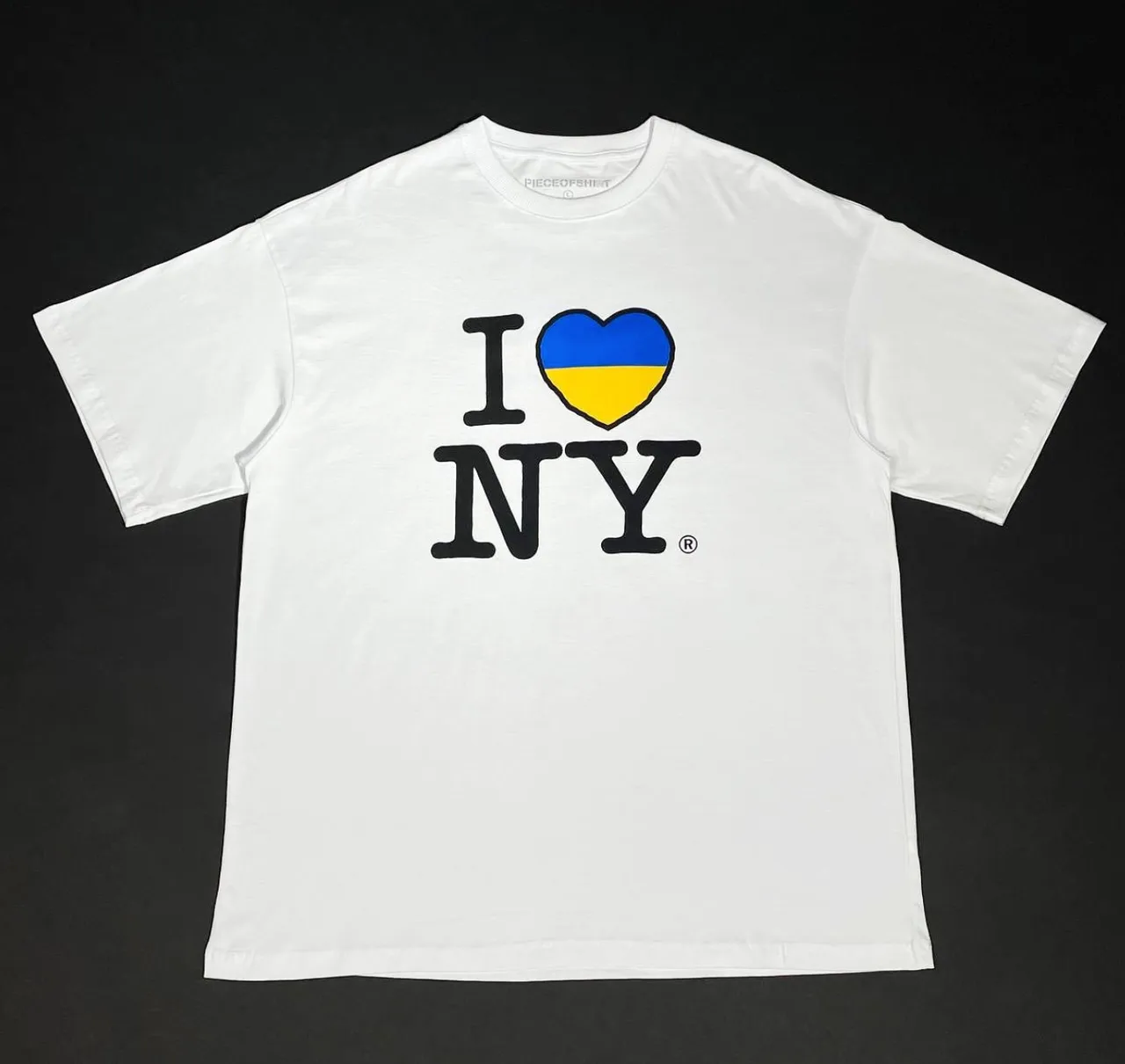 White I Love New York T-shirt with a blue and yellow Ukrainian heart