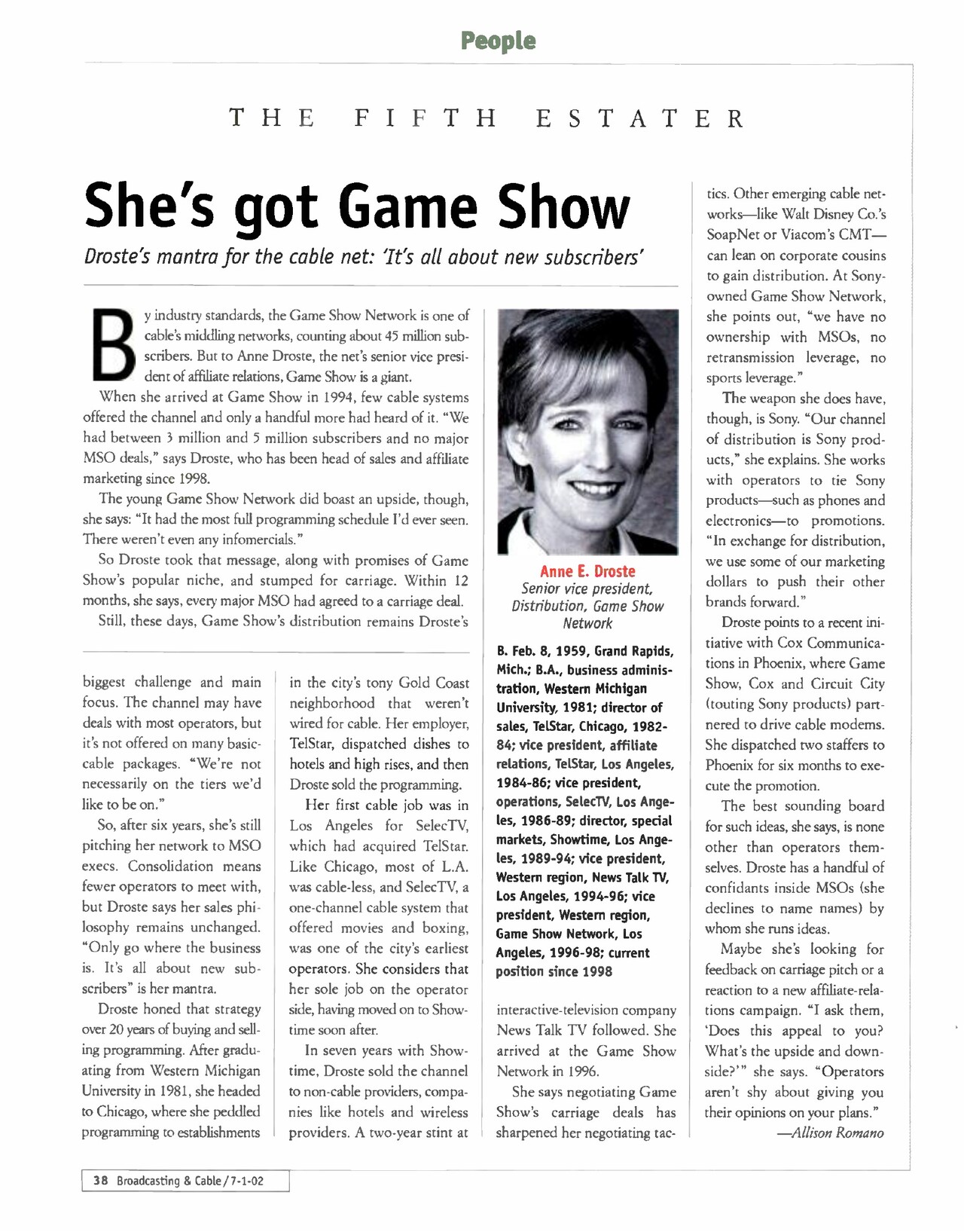 A 2002 magazine page profiling Anne E. Droste and her work growing Game Show Network distribution