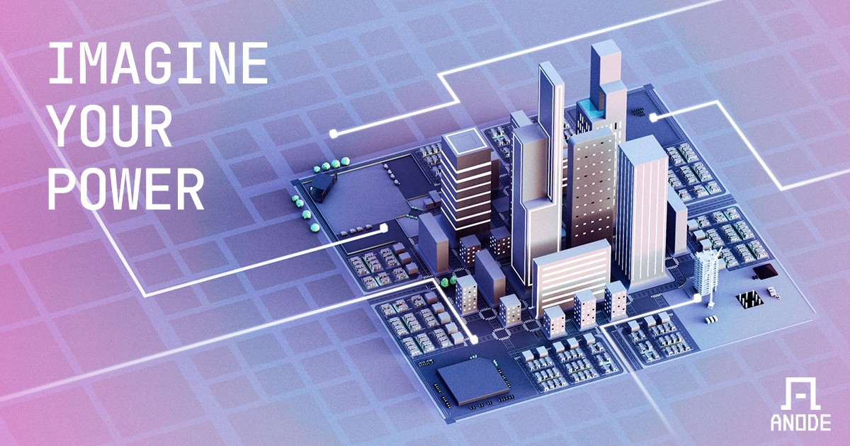Anode Technology Company - Imagine Your Power branded image with the Anode logo over a stylized microgrid city