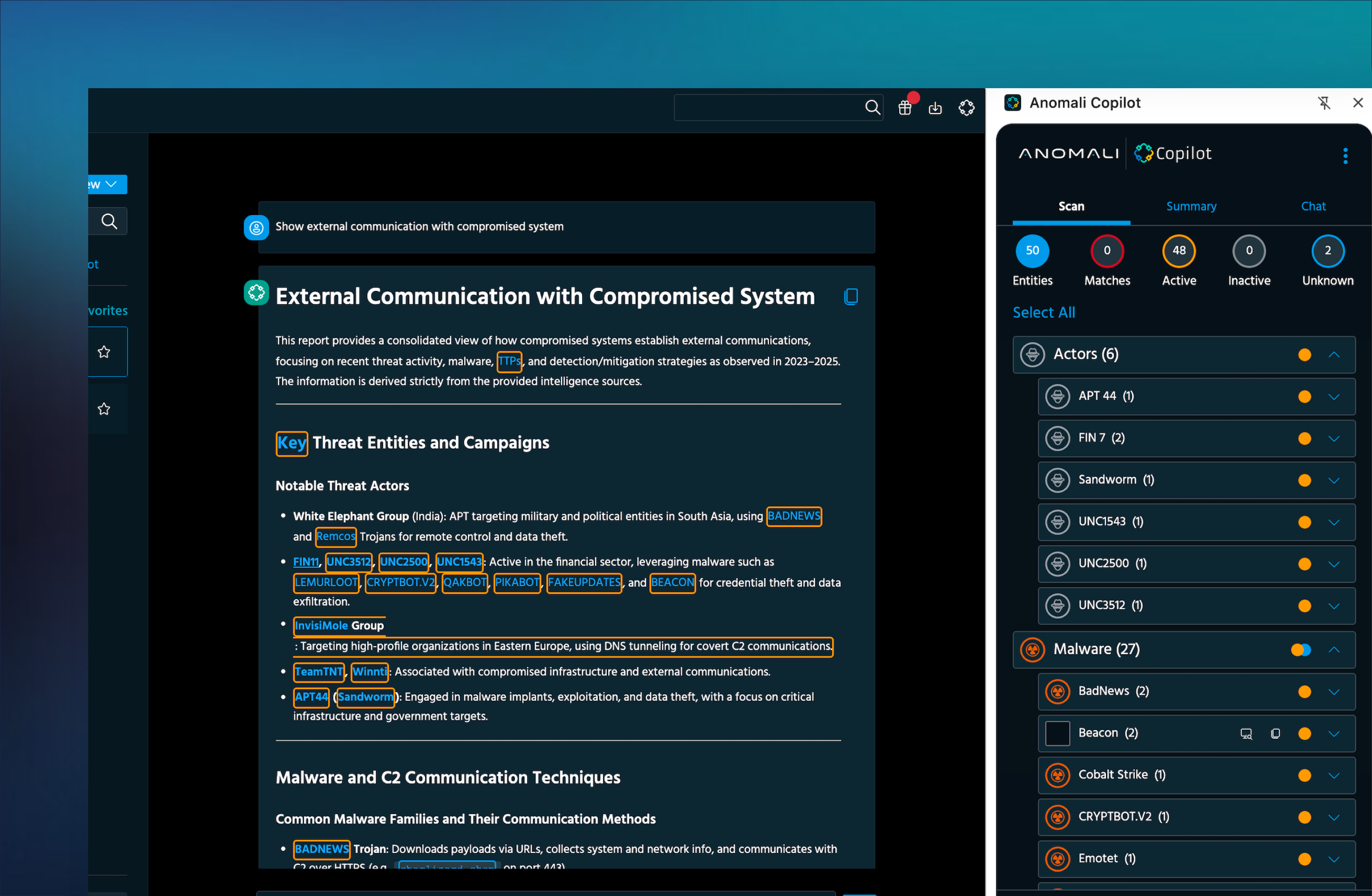 Anomali Agentic AI product interface with an assistant beside security investigation information