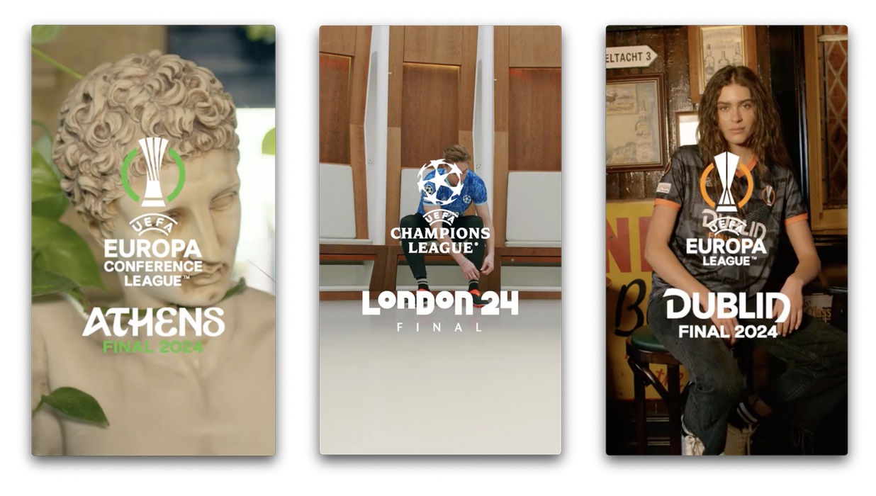Three UEFA finals campaign creatives featuring Athens, London and Dublin