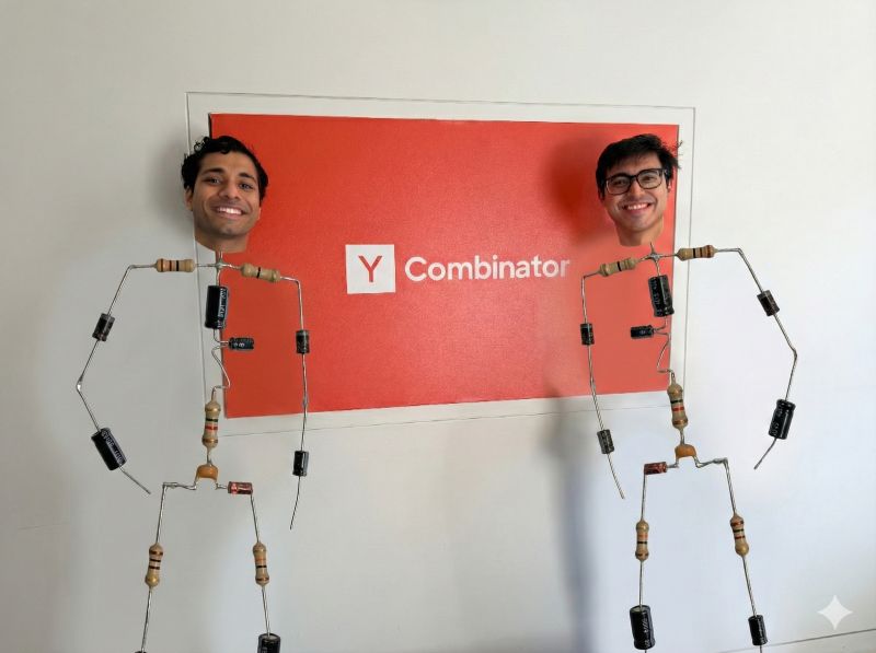 Anshul Paul and Vaibhav Agrawal posing as electronic-component stick figures beside a Y Combinator sign