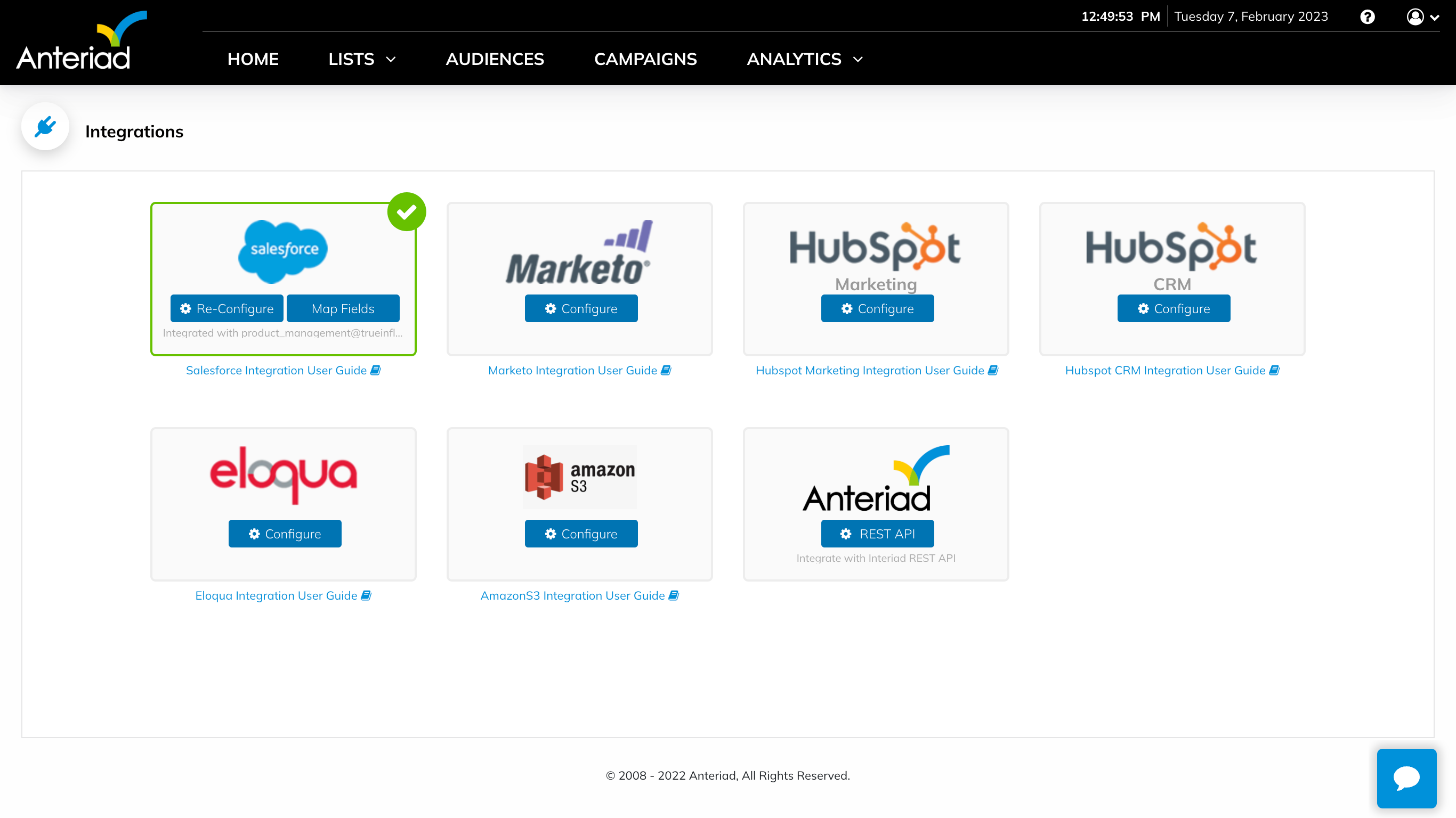 Anteriad Marketing Cloud integrations screen showing Salesforce, Marketo, HubSpot, Eloqua, Amazon S3 and the Anteriad API
