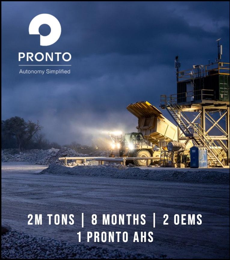 Pronto press photograph of a haul truck tipping material at a quarry, with its two-million-ton milestone printed below