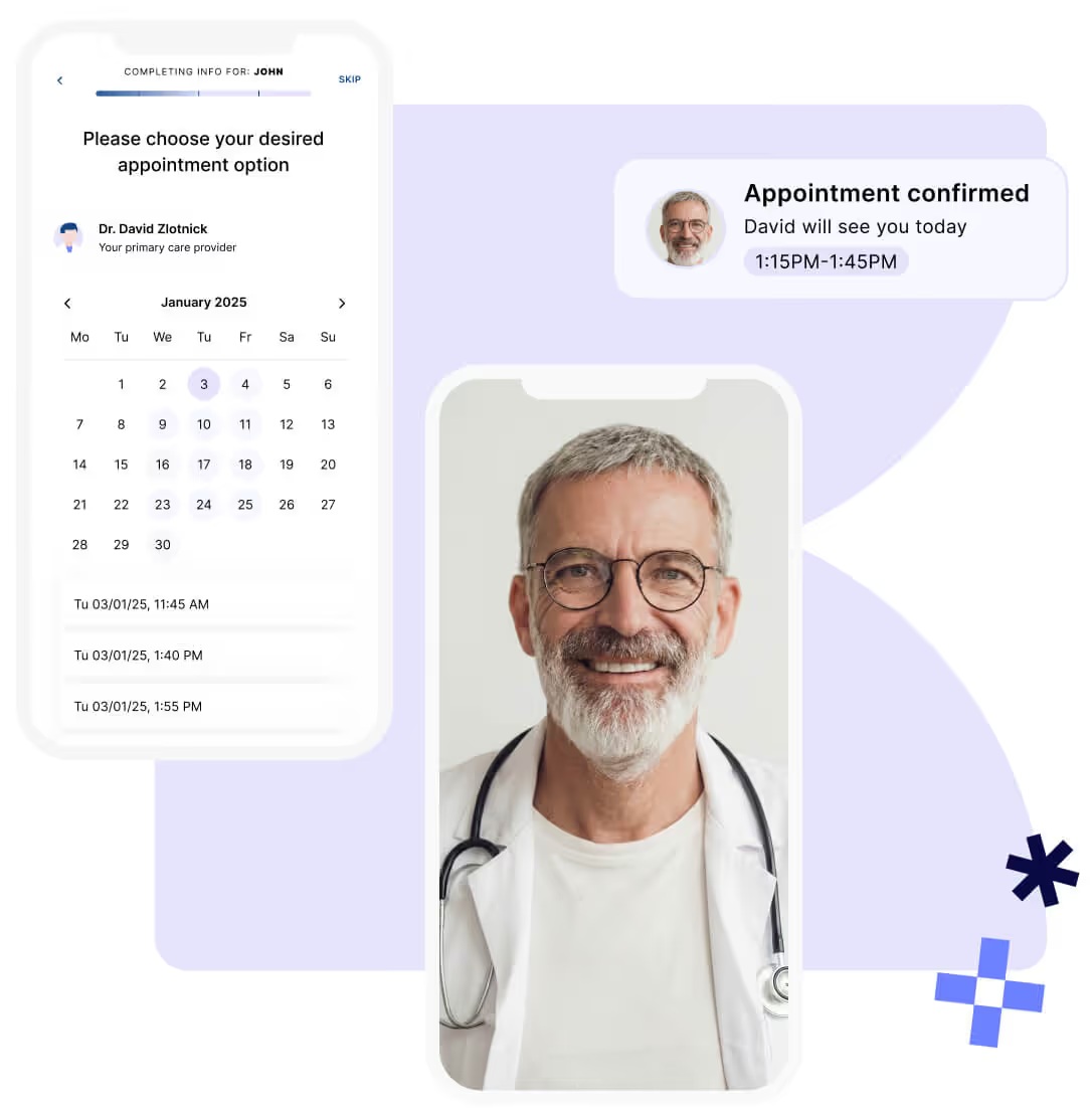 Antidote product illustration showing clinician scheduling and a visit confirmation