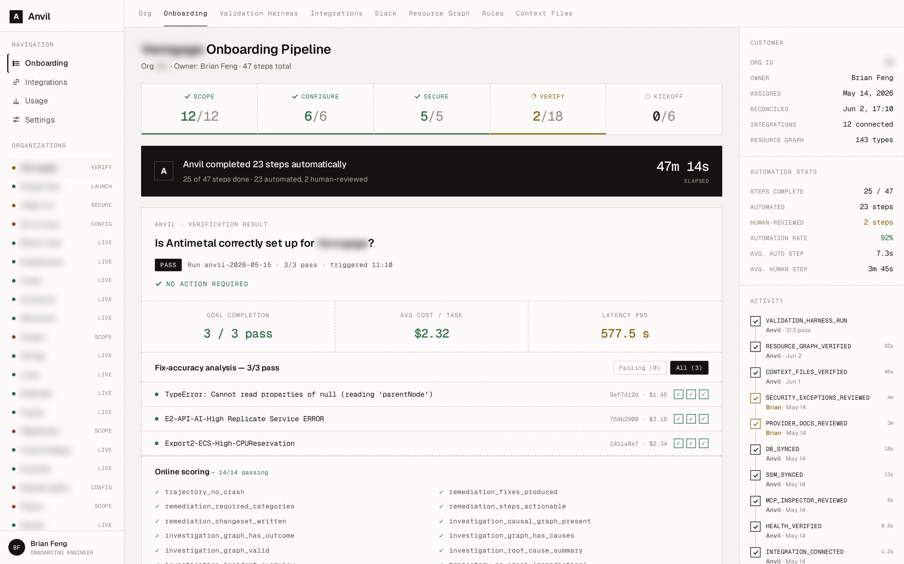 Antimetal’s internal Anvil dashboard showing onboarding stages and integration checks