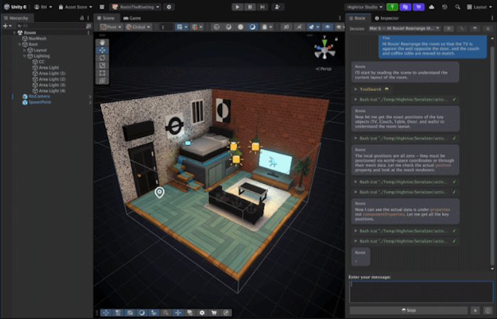 Highrise Studio editor showing a furnished virtual room beside a conversation with Rosie