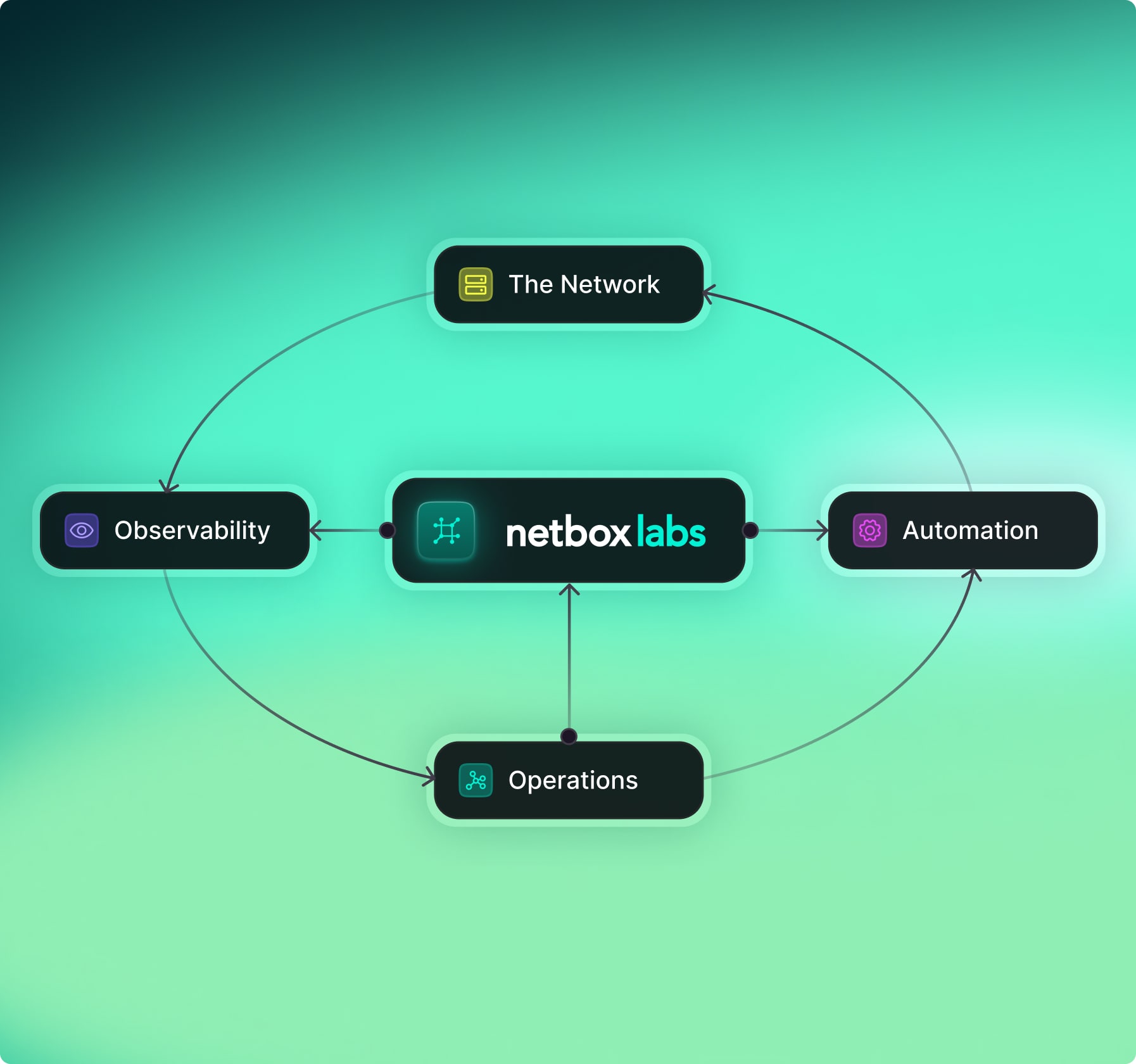 NetBox Labs diagram linking the network, observability, automation and operations in a continuous lifecycle