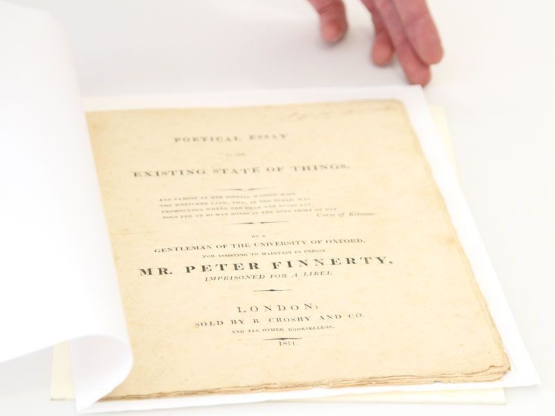 The rare printed pamphlet of Shelley’s Poetical Essay, photographed open