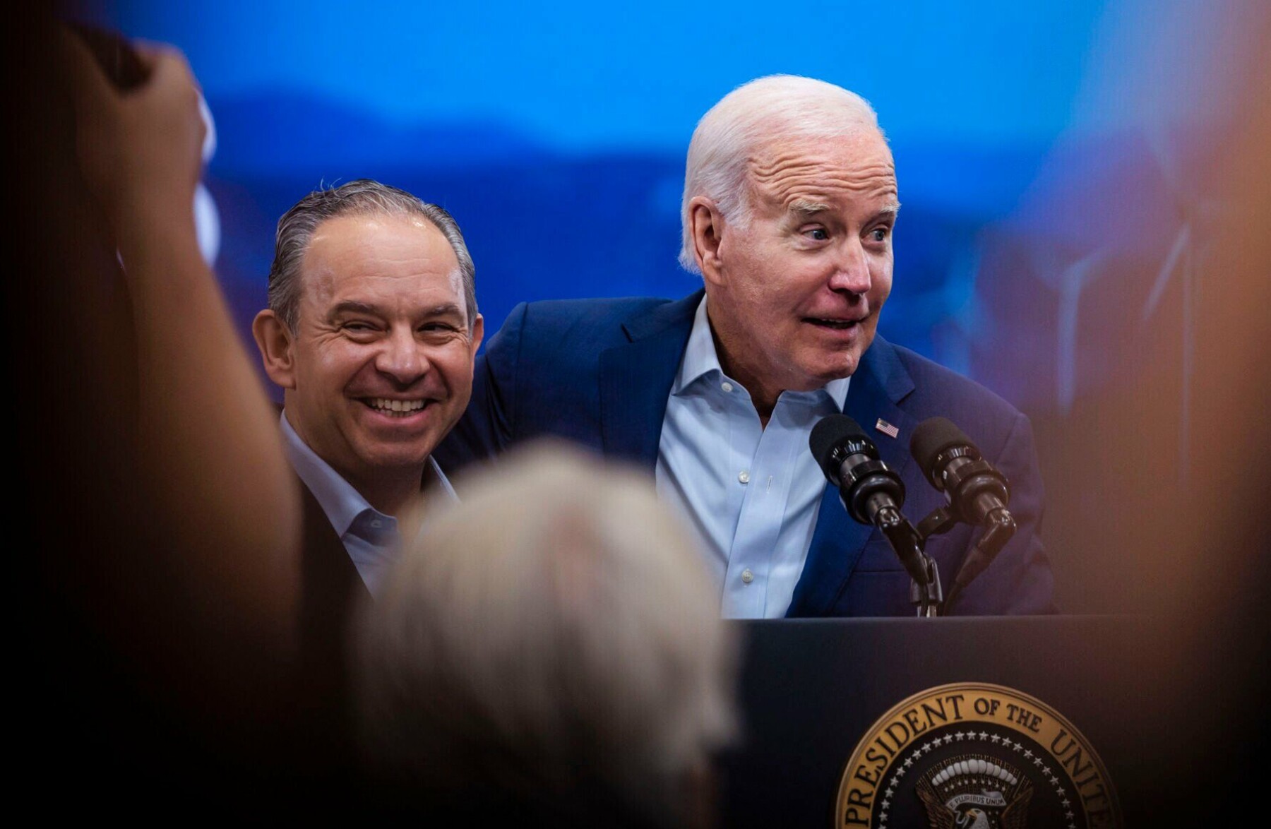 Antonio Carrillo, left, with President Joe Biden at Arcosa’s Belen facility in 2023
