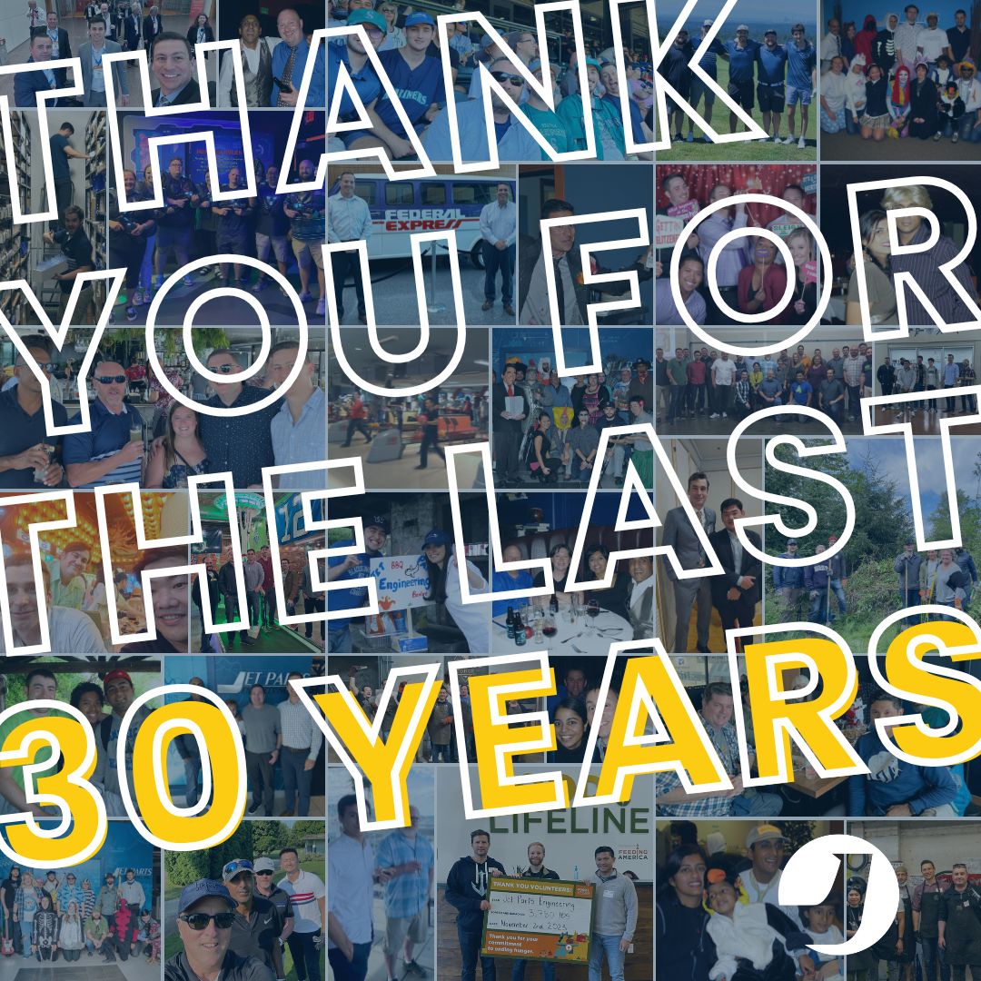 A collage of Jet Parts Engineering employees and company moments marking 30 years