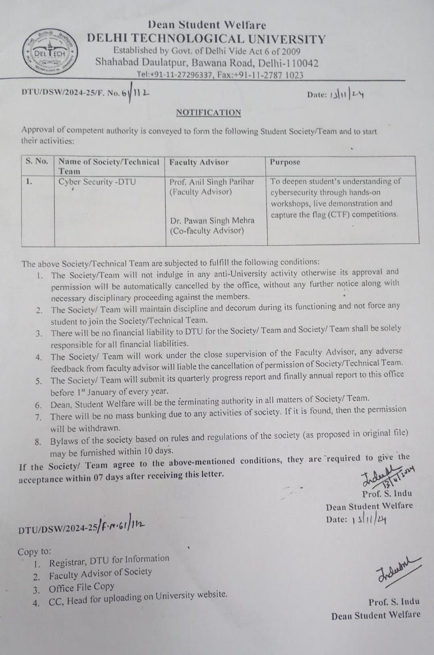 DTU notification approving a cybersecurity student society, shared by Anuj Rawat