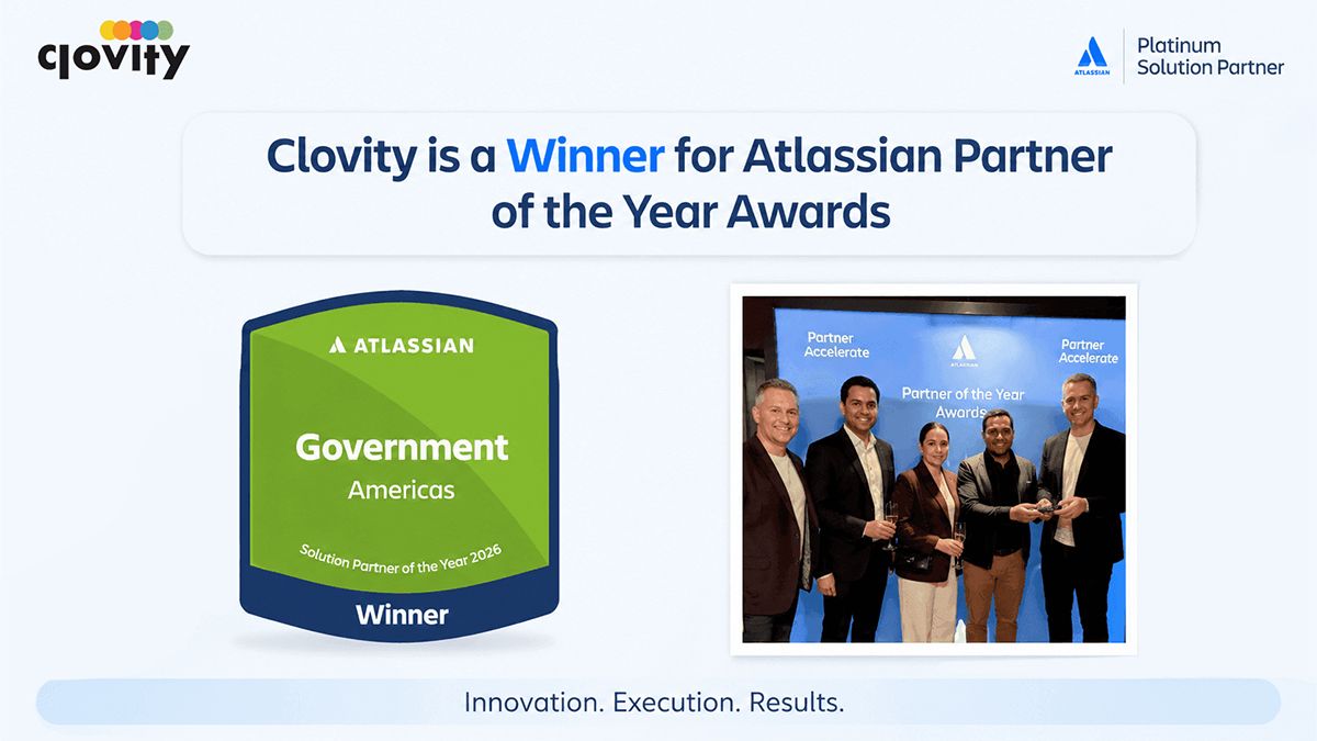 Clovity’s 2026 Government Americas award announcement, including an event photograph of Sachdeva with the team